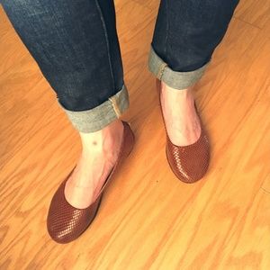 French Sole Zeppa Cognac Snake Print Suede Flats